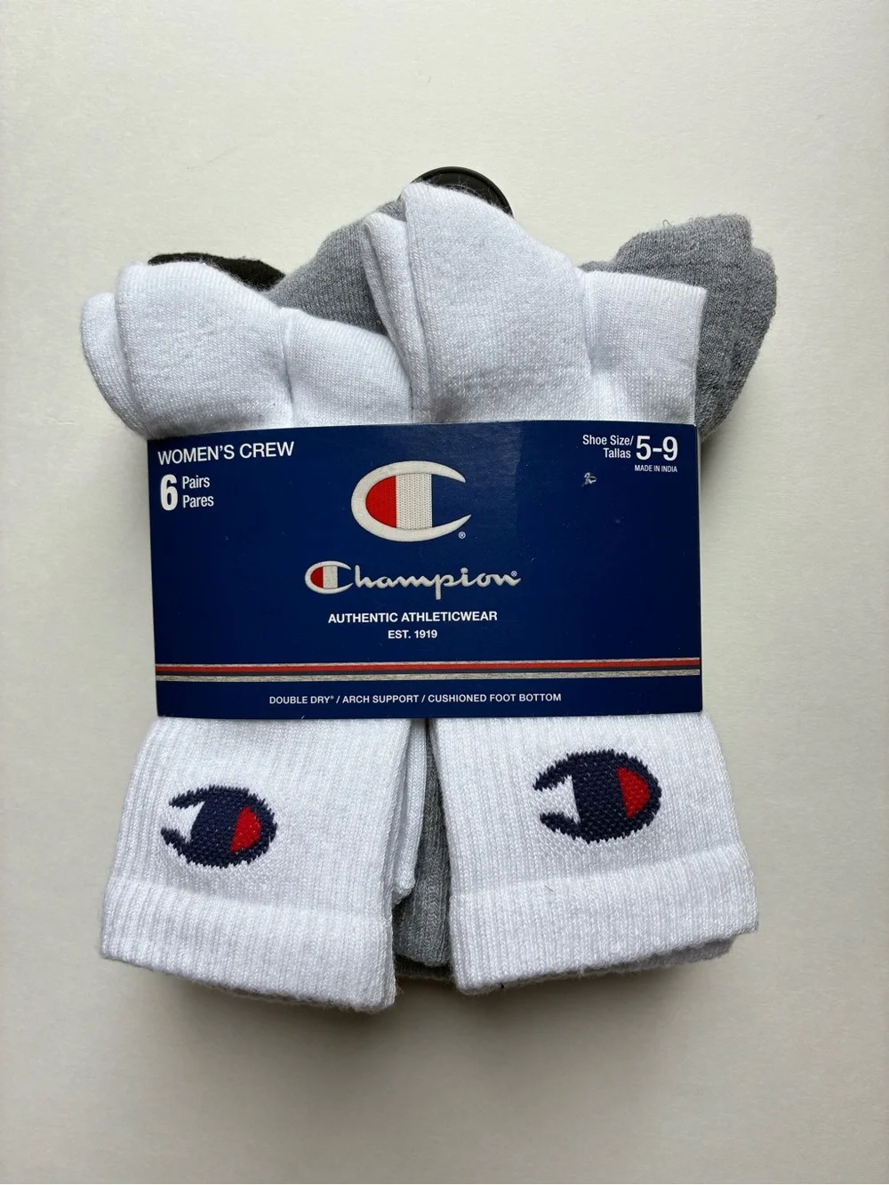 Champion Women's Crew Socks - White & Gray (6 Pairs) NEW